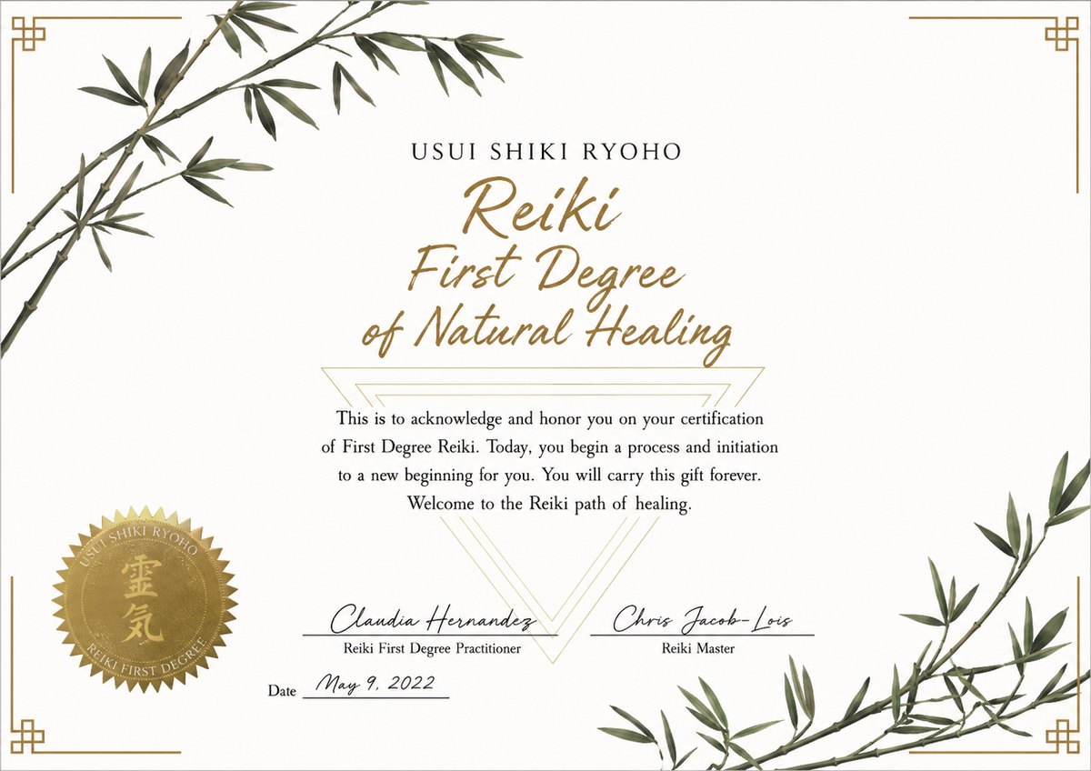 Reiki First Degree certificate, Usui Shiki Ryoho, 2022