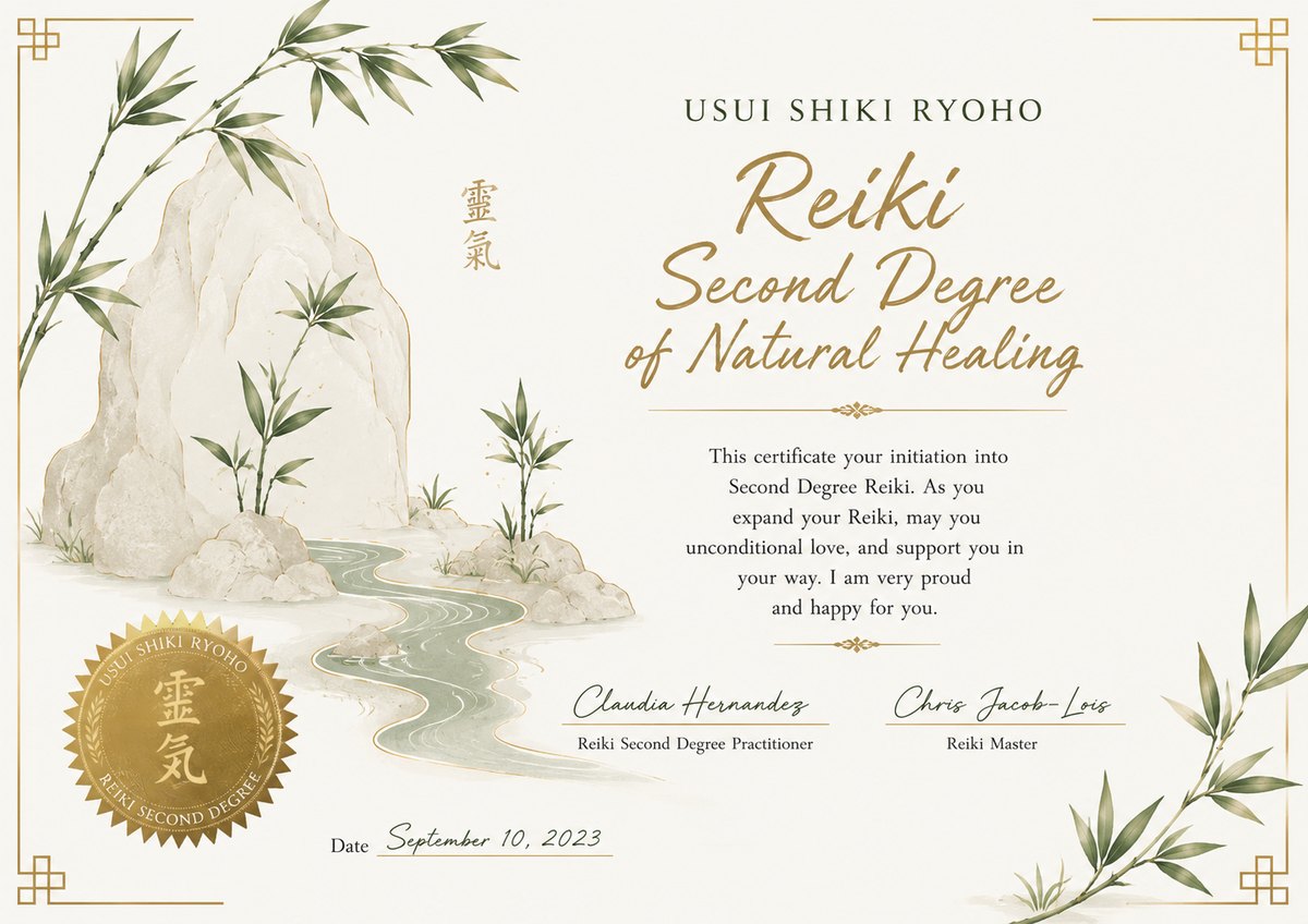 Reiki Second Degree certificate, Usui Shiki Ryoho, 2023